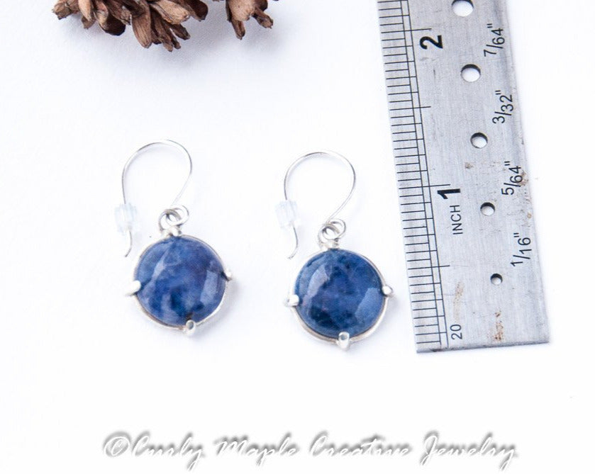 Sodalite Silver Drop Earrings  with a ruler for scale