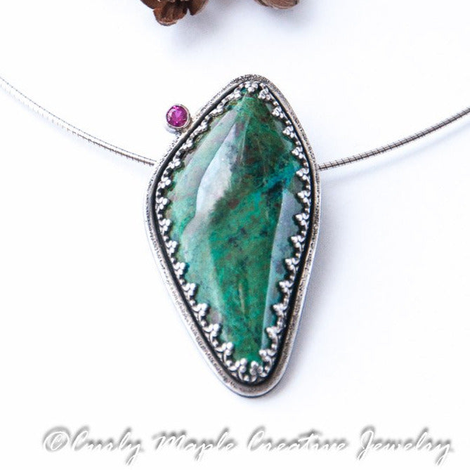 Chrysocolla Ruby Silver Pendant Necklace top view