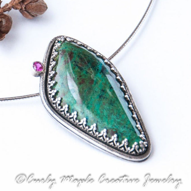 Chrysocolla Ruby Silver Pendant Necklace