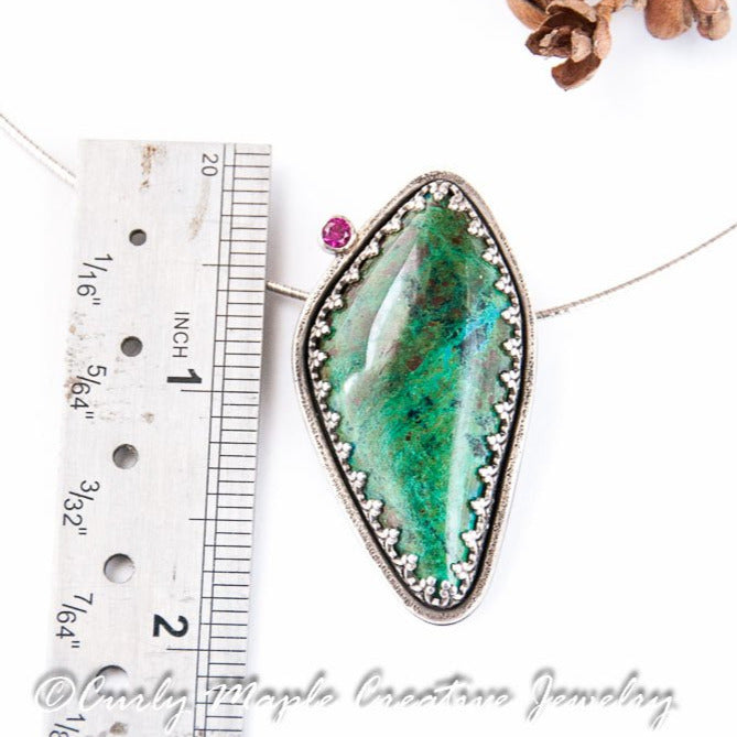 Chrysocolla Ruby Silver Pendant Necklace with a ruler for scale