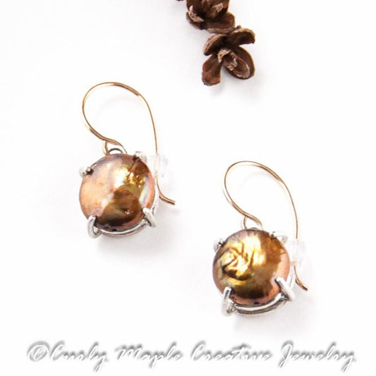 Copper Pearl Silver Dangle Earrings top view