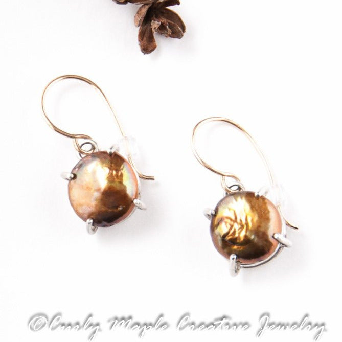 Copper Pearl Silver Dangle Earrings 