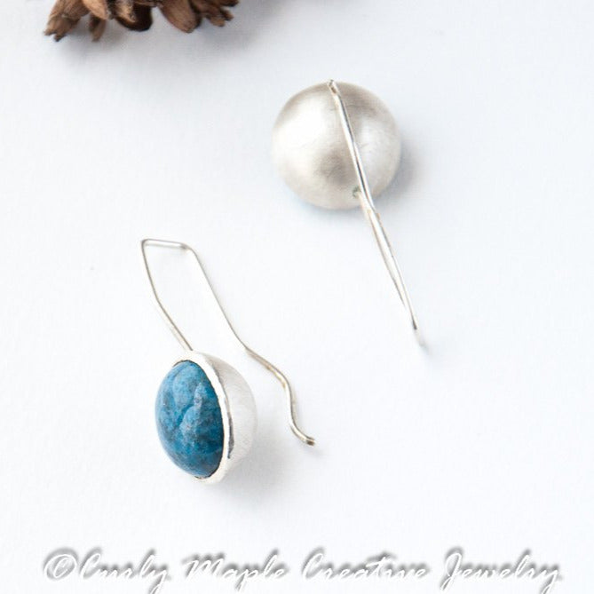 Denim Lapis Silver Dome Earrings front and back sides showing
