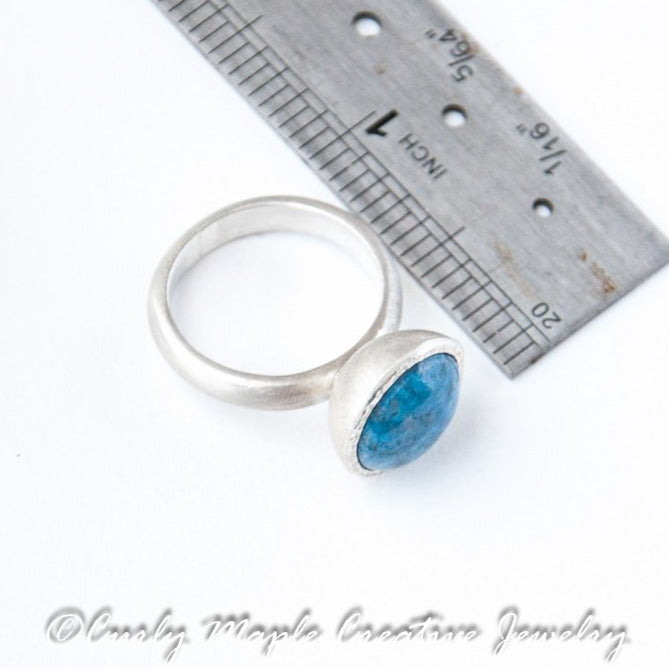 Lapis Silver Statement Ring with a ruler for scale