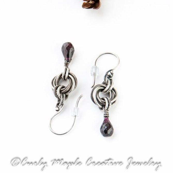 Garnet Silver Chainmaille Earrings top view