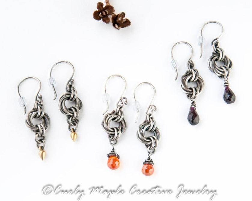 Moebius Chainmaille Silver Earrings with garnet, vermeil, or orange CZ drops top view