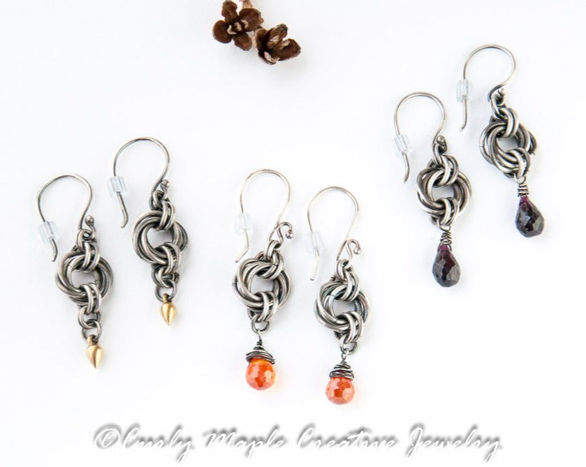 Moebius Chainmaille Silver Earrings with garnet, vermeil, or orange CZ drops top view