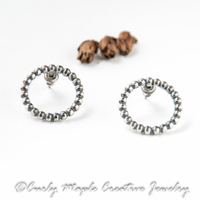 Open Circle Silver Beaded Wire Post Earrings Top view
