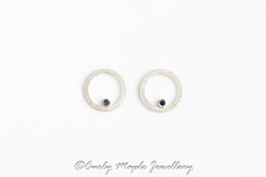 Open Circle Dark Blue CZ Silver Earrings