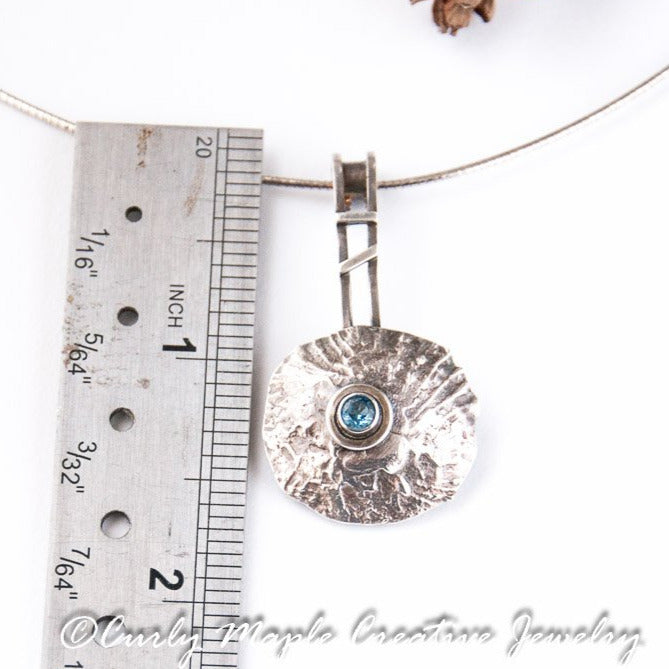 Organic Blue Zircon Silver Necklace with a ruler for scale