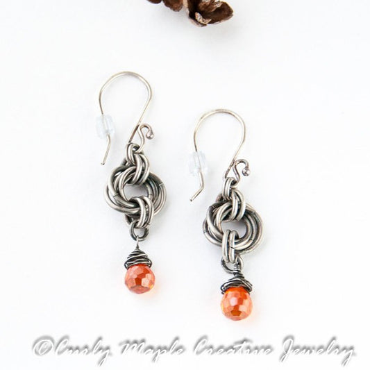 Silver Chainmaille Orange Teardrop Earrings top view