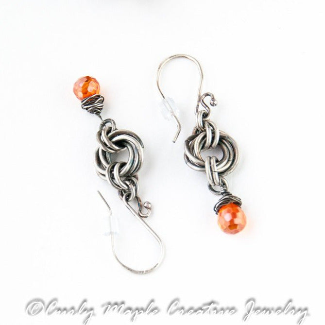 Silver Chainmaille Orange Teardrop Earrings