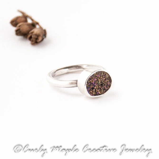 Minimalist Druzy Silver Ring side view