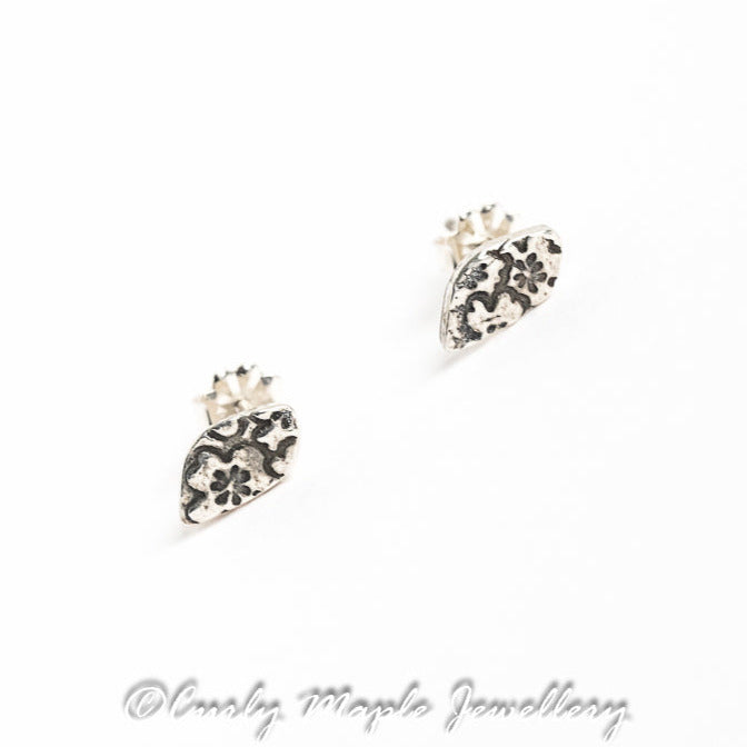 Tiny Leaf Textured Silver Post Earrings