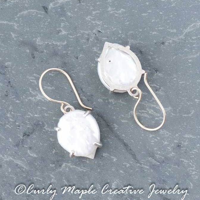 White Pearl Silver Drop Earrings with the back showing